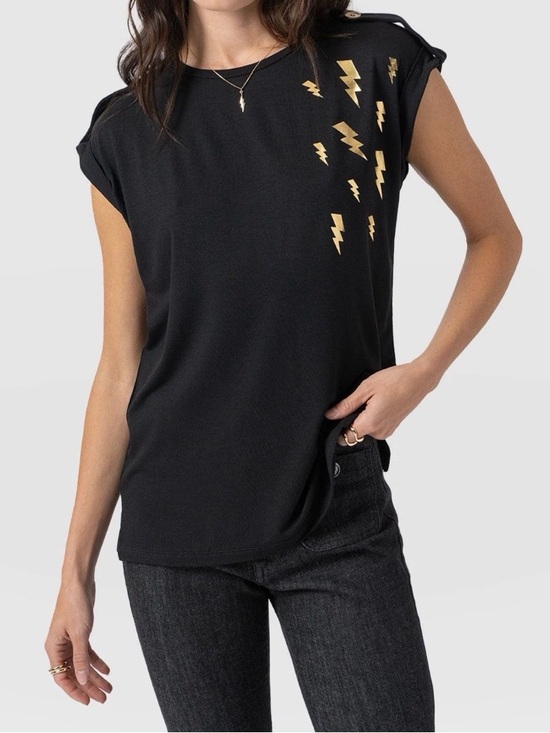 Saint + Sofia Tops - Saint + Sofia Woman's Black Short Sleeve Tee with Gold Lightning Motif
